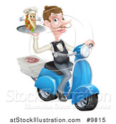 Vector Illustration of a White Male Waiter with a Curling Mustache, Holding a Souvlaki Kebab Sandwich on a Scooter by AtStockIllustration