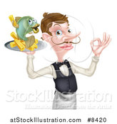 Vector Illustration of a White Male Waiter with a Curling Mustache, Holding Fish and a French Fry Character on a Tray and Gesturing Okay by AtStockIllustration