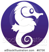 Vector Illustration of a White Silhouetted Seahorse in Profile Inside a Dark Blue Circle by AtStockIllustration