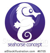 Vector Illustration of a White Silhouetted Seahorse in Profile Inside a Dark Blue Circle over Sample Text by AtStockIllustration