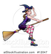 Vector Illustration of a Witch Tipping Her Hat and Flying on a Broomstick by AtStockIllustration