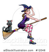 Vector Illustration of a Witch Tipping Her Hat and Flying on a Broomstick with Her Cat by AtStockIllustration