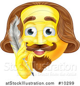 Vector Illustration of a Yellow Shakespeare Smiley Emoji Emoticon Holding a Feather Quill Pen by AtStockIllustration