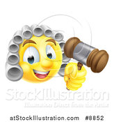 Vector Illustration of a Yellow Smiley Emoji Emoticon Judge Wearing a Wig and Holding a Gavel by AtStockIllustration