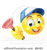 Vector Illustration of a Yellow Smiley Emoji Emoticon Plumber Holding a Plunger by AtStockIllustration