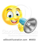 Vector Illustration of a Yellow Smiley Emoji Emoticon Using a Megaphone by AtStockIllustration