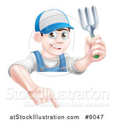 Vector Illustration of a Young Brunette White Male Gardener in Blue, Holding a Garden Fork and Pointing down over a Sign by AtStockIllustration