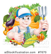 Vector Illustration of a Young Brunette White Male Gardener in Blue, Holding up a Garden Fork and Giving a Thumb up in a Wreath of Produce by AtStockIllustration