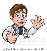 Vector Illustration of a Young Male Veterinarian or Doctor Waving and Giving a Thumb up over a Sign by AtStockIllustration