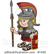 Vector Illustration of a Young Roman Soldier Man in a Helmet, Leaning Against His Shield and Holding a Spear by AtStockIllustration