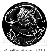 Vector Illustration of a Zodiac Horoscope Astrology Centaur Sagittarius Circle Design in Black and White by AtStockIllustration