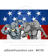 Vector Illustration of Aggressive Elephant Men Republican Candidates Fighting over an American Flag by AtStockIllustration