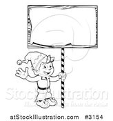 Vector Illustration of an Outlined Waving Christmas Elf with a Sign by AtStockIllustration