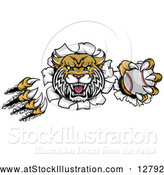 Vector Illustration of an Unstoppable Wildcat Baseball Mascot Ripping Through Paper Wall with a Ball by AtStockIllustration