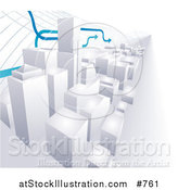 Vector Illustration of Arrows Passing over a 3D Cityscape of High Rise Skyscraper Office Buildings by AtStockIllustration