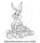 Vector Illustration of Black and White Bunny Rabbit with a Basket of Easter Eggs and Flowers by AtStockIllustration