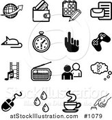 Vector Illustration of Black and White Globe, Wallet, Calendar, Letter, Mouse, Stopwatch, Hand, Controller, Film Strip, Radio, People, Question, Computer Mouse, Water Drops, Java and Button Icons on a White Background by AtStockIllustration