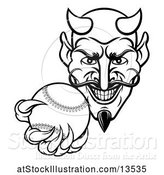 Vector Illustration of Black and White Grinning Evil Devil Holding out a Baseball in a Clawed Hand by AtStockIllustration