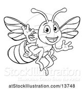 Vector Illustration of Black and White Happy Friendly Bee Mascot Waving by AtStockIllustration