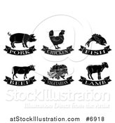 Vector Illustration of Black and White Pork, Chicken, Fish, Beef, Vegetarian and Lamb Food Designs by AtStockIllustration