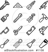 Vector Illustration of Black and White Screw, Measuring Tools, Pliers, Glue Gun, Paintbrush, Wrenches, Hammer, Saws, Scissors, Levelers, and Scraper Icons on a White Background by AtStockIllustration