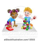 Vector Illustration of Black Girl and White Boy Playing with a Toy Car and Blocks by AtStockIllustration