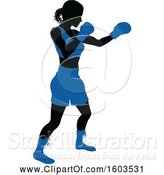 Vector Illustration of Black Silhouetted Female Boxer Fighter in a Blue Uniform by AtStockIllustration