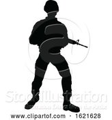 Vector Illustration of Black Silhouetted Male Armed Soldier by AtStockIllustration