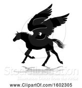 Vector Illustration of Black Silhouetted Pegasus Horse, with a Reflection or Shadow, on a White Background by AtStockIllustration