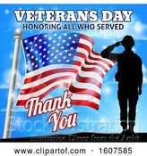 Vector Illustration of Black Silhouetted Saluting Soldier with an American Flag and Sky, with Text by AtStockIllustration