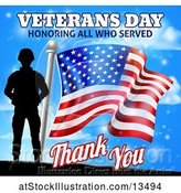 Vector Illustration of Black Silhouetted Soldier with an American Flag and Sky, with Text by AtStockIllustration