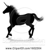 Vector Illustration of Black Silhouetted Unicorn Horse, with a Reflection or Shadow, on a White Background by AtStockIllustration