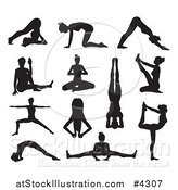 Vector Illustration of Black Silhouetted Women in Yoga or Pilates Poses by AtStockIllustration