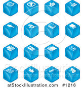 Vector Illustration of Blue Cube Icons: Arrows, Joystick, Button, Printer, Information, Compose, Reminder, Calculator and Cubes by AtStockIllustration