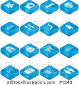 Vector Illustration of Blue Tablet Icons: Tickets, Camera, Bed, Hotel, Bus, Diner, Moon, Tree, Building, Shopping, Bicycles, Wine, Luggage, Railroads and Roads and Restrooms by AtStockIllustration