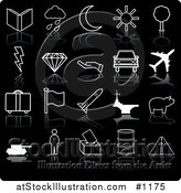 Vector Illustration of Book, Rain Cloud, Crescent Moon, Sunshine, Tree, Lightning Bolt, Diamond, Hand, Car, Airplane, Luggage, Flag, Rocket, Aircraft Carrier, Person, and Roadway, on a Black Background by AtStockIllustration