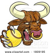 Vector Illustration of Bull Minotaur Longhorn Cow Softball Mascot by AtStockIllustration