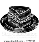 Vector Illustration of Cake Sponge Slice Jam Cream Woodcut Drawing by AtStockIllustration