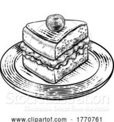 Vector Illustration of Cake Sponge Slice Jam Cream Woodcut Drawing by AtStockIllustration