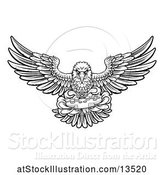 Vector Illustration of Cartoon Black and White Swooping American Bald Eagle with a Video Game Controller in Its Claws by AtStockIllustration