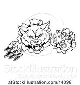 Vector Illustration of Cartoon Black and White Wolf Mascot Holding a Video Game Controller and Breaking Through a Wall by AtStockIllustration