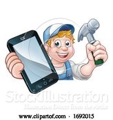 Vector Illustration of Cartoon Carpenter Handyman Phone Concept by AtStockIllustration