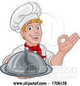 Vector Illustration of Cartoon Chef Cook Baker Guy Holding Domed Tray by AtStockIllustration