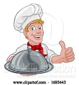 Vector Illustration of Cartoon Chef Holding Plate Platter Sign Cartoon by AtStockIllustration