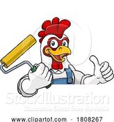 Vector Illustration of Cartoon Chicken Painter Decorator Paint Roller Mascot by AtStockIllustration