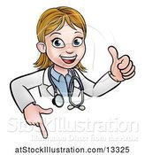 Vector Illustration of Cartoon Friendly White Female Doctor Holding a Thumb up and Pointing down over a Sign by AtStockIllustration