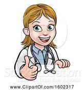 Vector Illustration of Cartoon Friendly White Female Doctor Holding a Thumb up over a Sign by AtStockIllustration