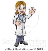 Vector Illustration of Cartoon Friendly White Female Doctor Waving and Giving a Thumb up by AtStockIllustration