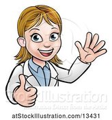Vector Illustration of Cartoon Friendly White Female Scientist Giving a Thumb up over a Sign by AtStockIllustration
