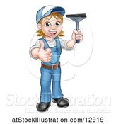 Vector Illustration of Cartoon Full Length Happy White Female Window Cleaner in Blue, Giving a Thumb up and Holding a Squeegee by AtStockIllustration